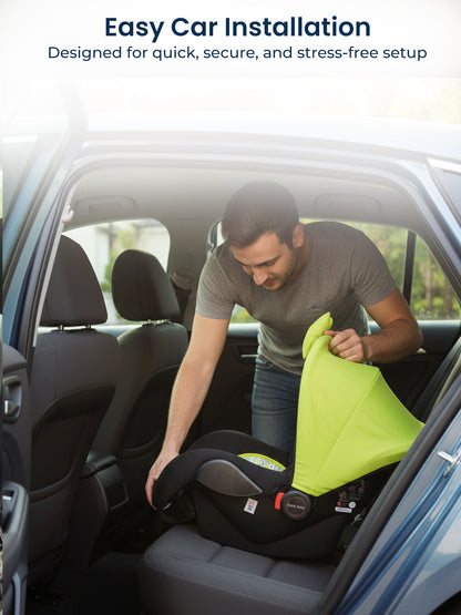 Man installing a green car seat in a vehicle with text about easy car installation.