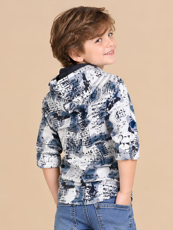 Polka Tots Full Sleeves Abstract Scribble Print Hooded Kids Shirt with Smiley Patch - Blue