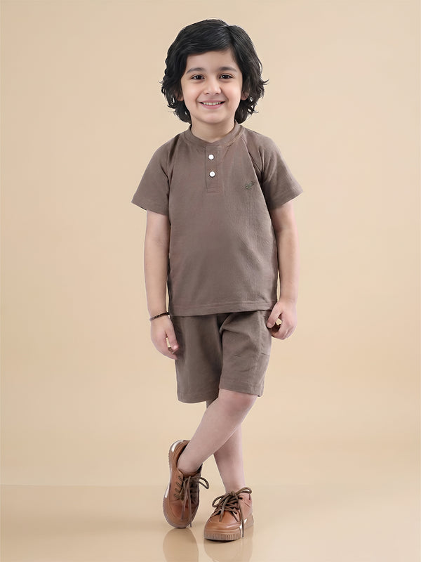 Polka Tots Half Sleeves Solid T-Shirt Shorts - Brown