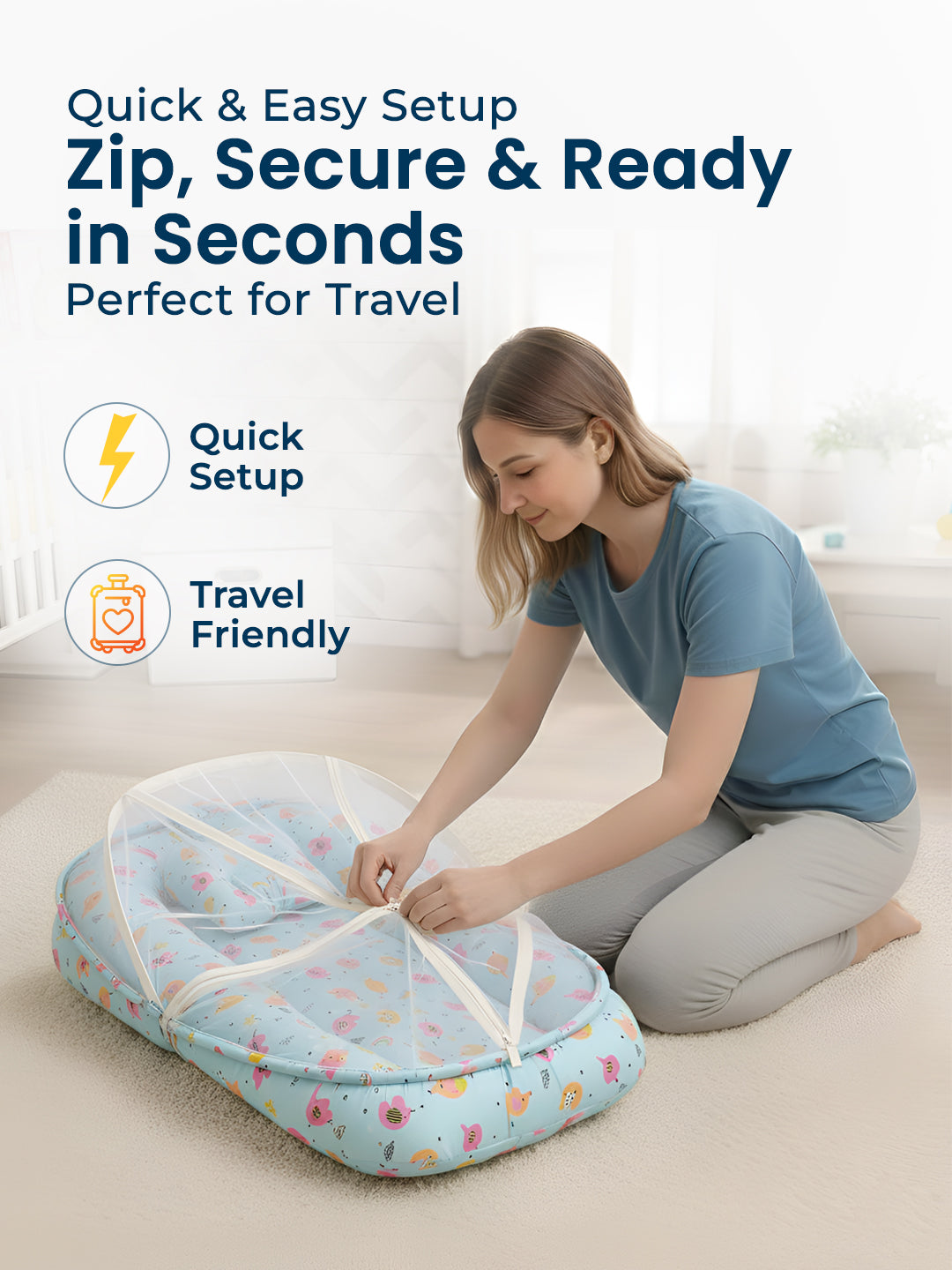 Woman setting up a travel bassinet with text highlighting quick setup and travel friendliness.
