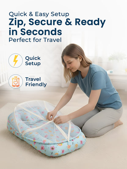 Woman setting up a travel bassinet with text highlighting quick setup and travel friendliness.