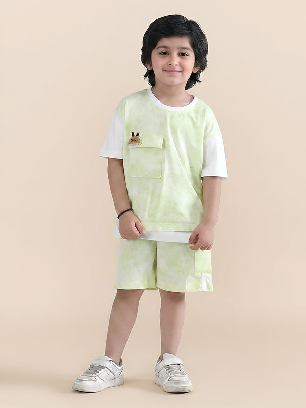 Polka Tots Half Sleeves Tie-Dye T-Shirt Shorts with Pocket Detail - Green