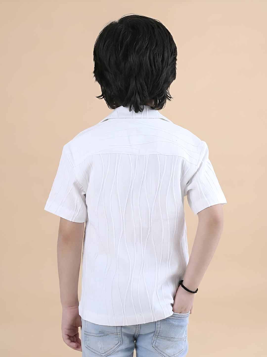 Polka Tots Half sleeve Sunglass Embroidery Textured Shirt - White