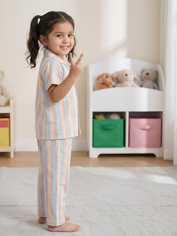 Polka Tots Half sleeves Stripes print Night Suit - Yellow/Blue