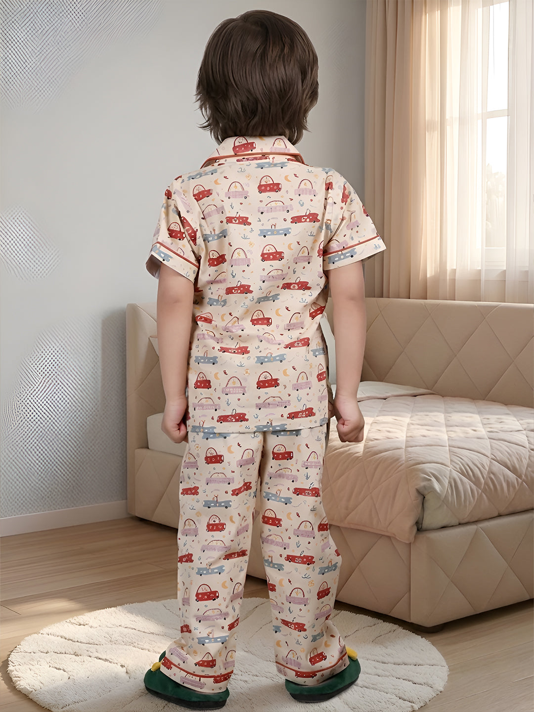 Polka Tots Half sleeves Car print Night Suit - Yellow