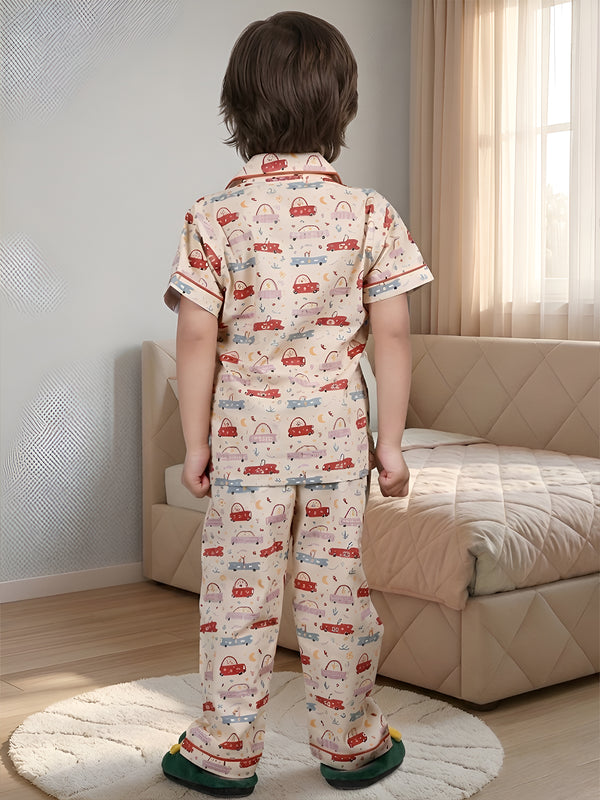 Polka Tots Half sleeves Car print Night Suit - Yellow