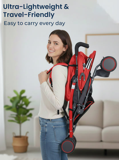 Woman carrying a red and black stroller with text about its lightweight and travel-friendly design.