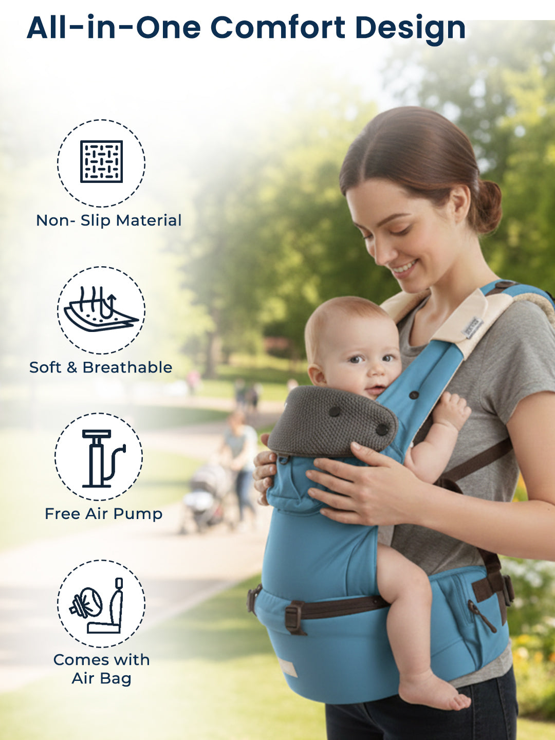 Woman holding a baby in a blue baby carrier with text highlighting features like non-slip material and soft breathable design.