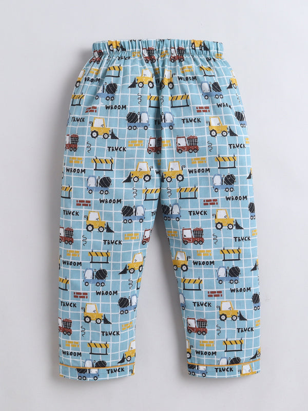Polka Tots Full Sleeve Truck Print Night Suit- Blue