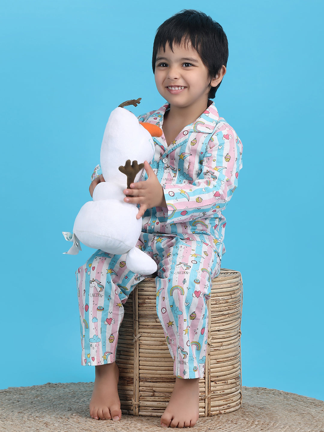 Polka Tots Full sleeves Unicorn print Stripes Night suit - Pink