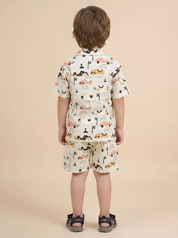Polka Tots Half Sleeves Racing car print Shirt Shorts - Light Green