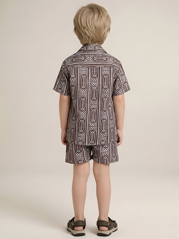 Polka Tots Half Sleeve Geometric print Co-ords - Brown
