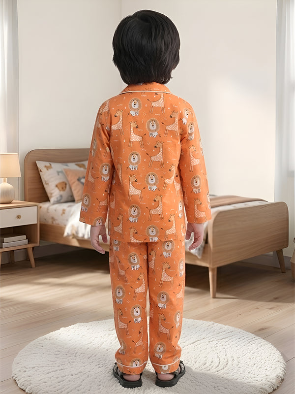 Polka Tots Full sleeve Lion and Giraffe Print Night suit - Orange