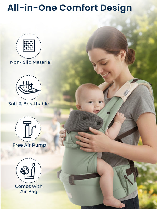 Polka Tots 6-in-1 Hip Seat Baby Carrier with Airbag, Extra Cushioning for C-Section Moms, Waist Belt up to 47 Inches with Lumbar Support (Green)