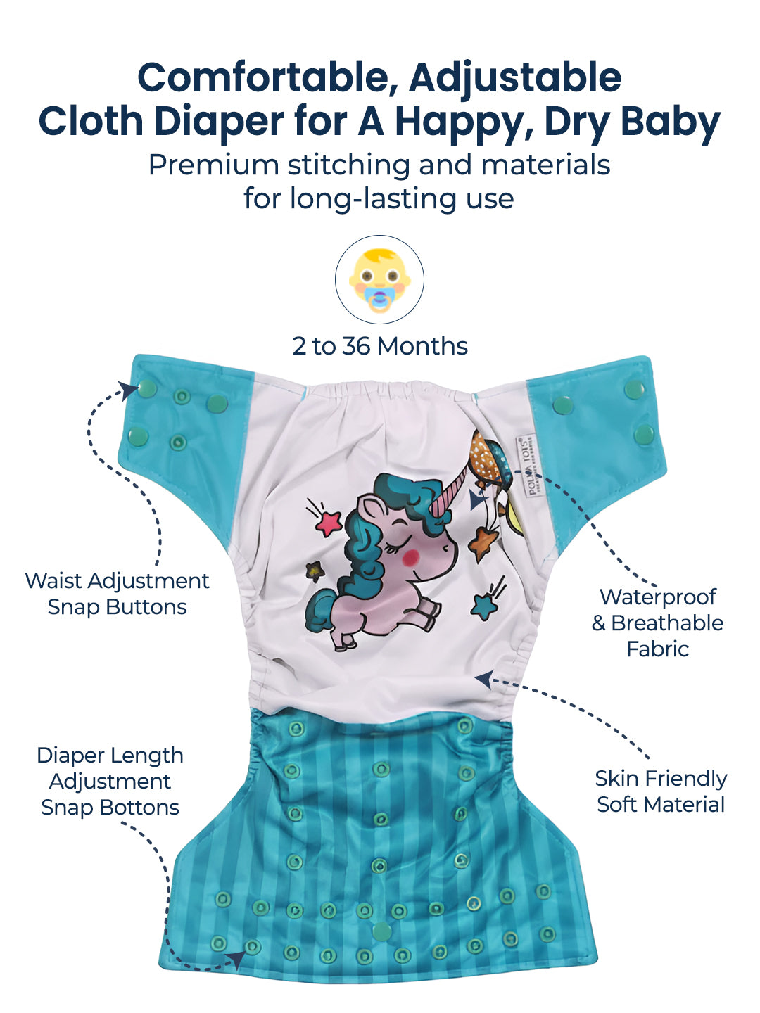 Children's cloth diaper with cartoon design, featuring text about its features and benefits.