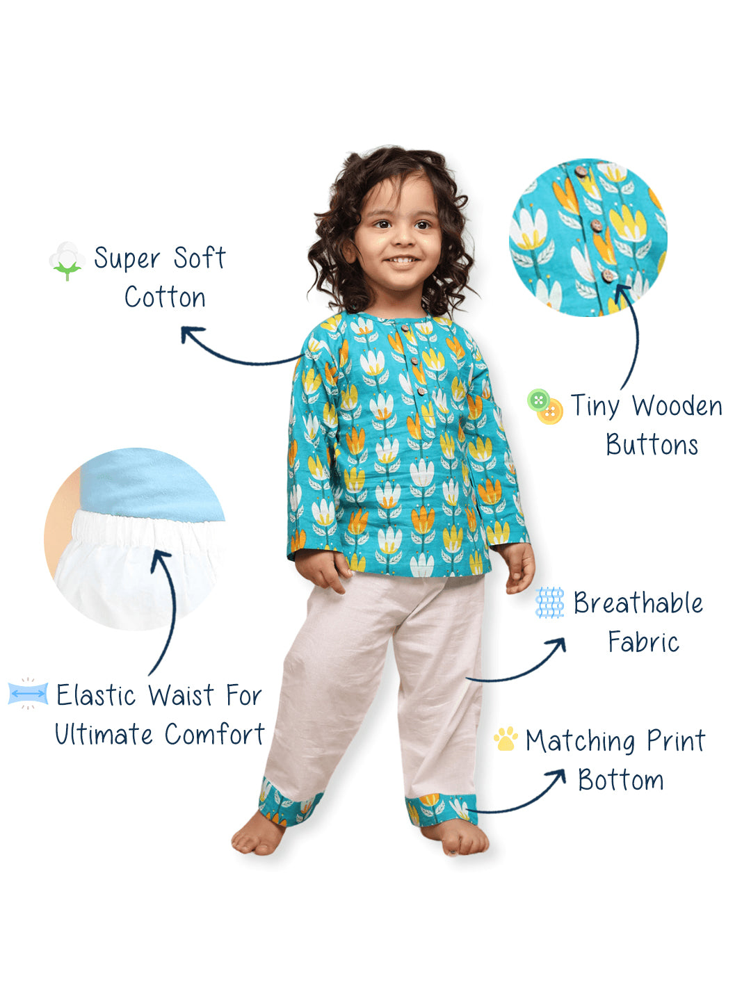 Polka Tots Lotus print Full sleeves Nightwear Kurta pyjama set - Blue