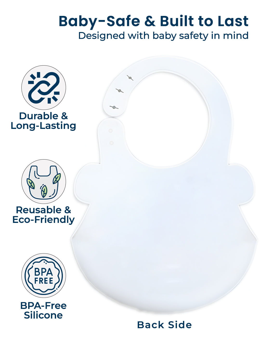 Baby bib with durability, eco-friendliness, and BPA-free features highlighted.