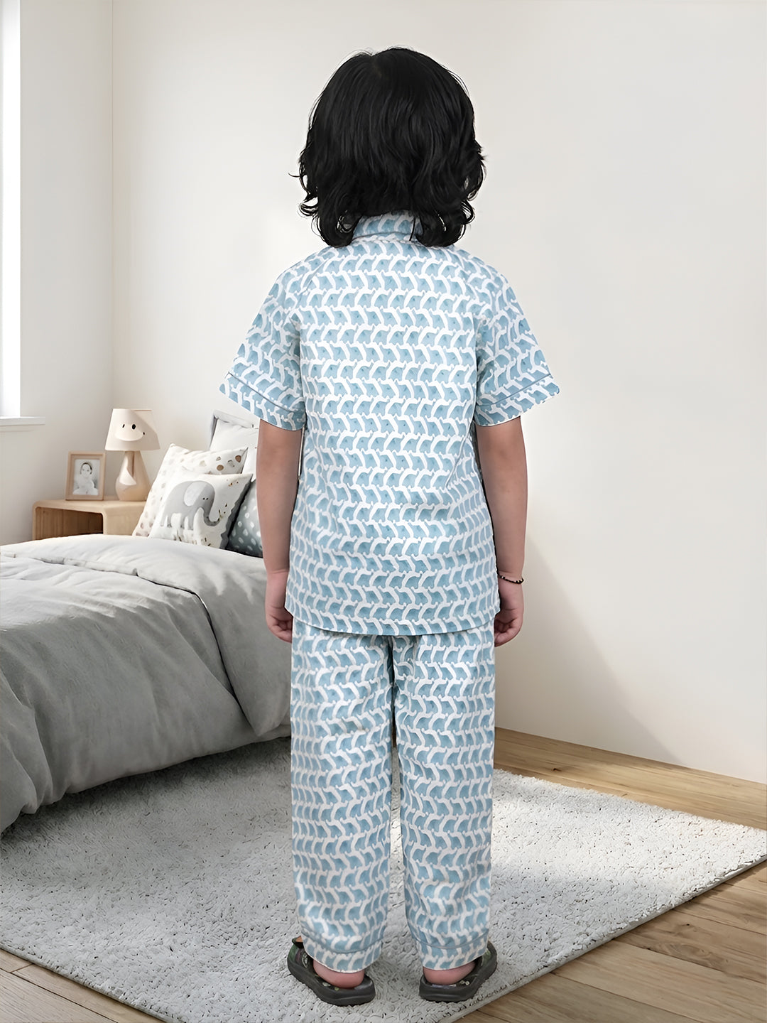 Polka Tots Half sleeves Elephant print Night Suit - Blue