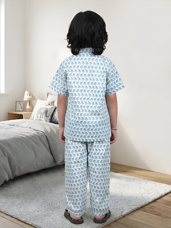 Polka Tots Half sleeves Elephant print Night Suit - Blue