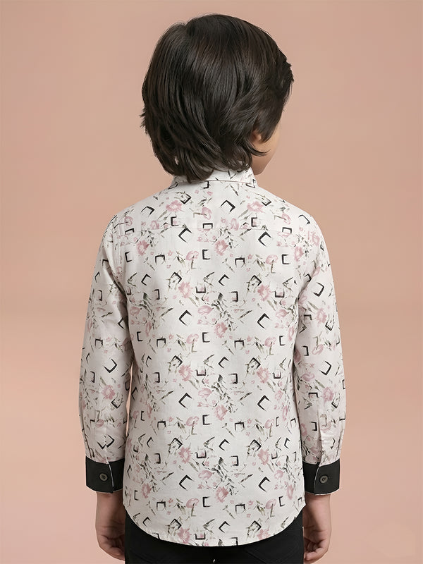 Polka Tots Cotton Full Sleeves Party Wear Shirt With Dual Bow Tie All Over Print - Beige