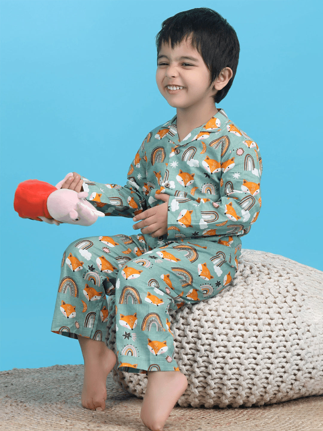 Polka Tots Full sleeves Fox print Night Suit - Green