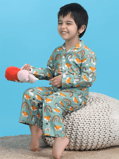 Polka Tots Full sleeves Fox print Night Suit - Green