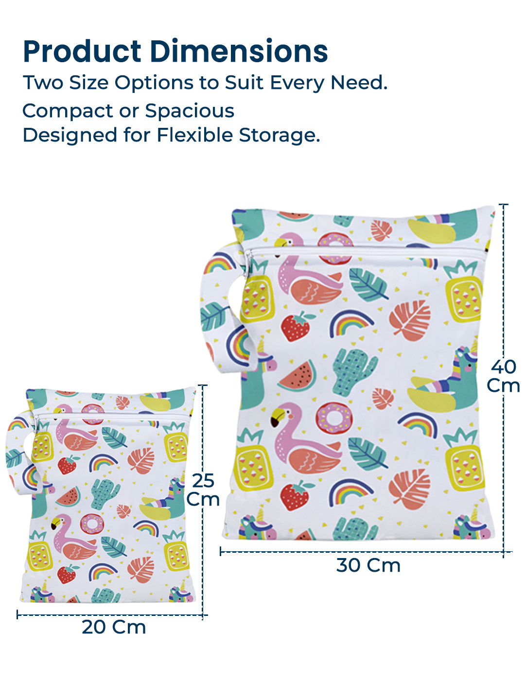 Two pouches with colorful designs on a white background, with dimensions displayed.