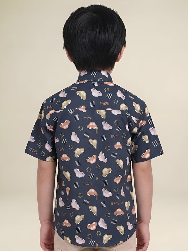 Polka Tots Half Sleeves Lets Go Travel print Shirt - Navy
