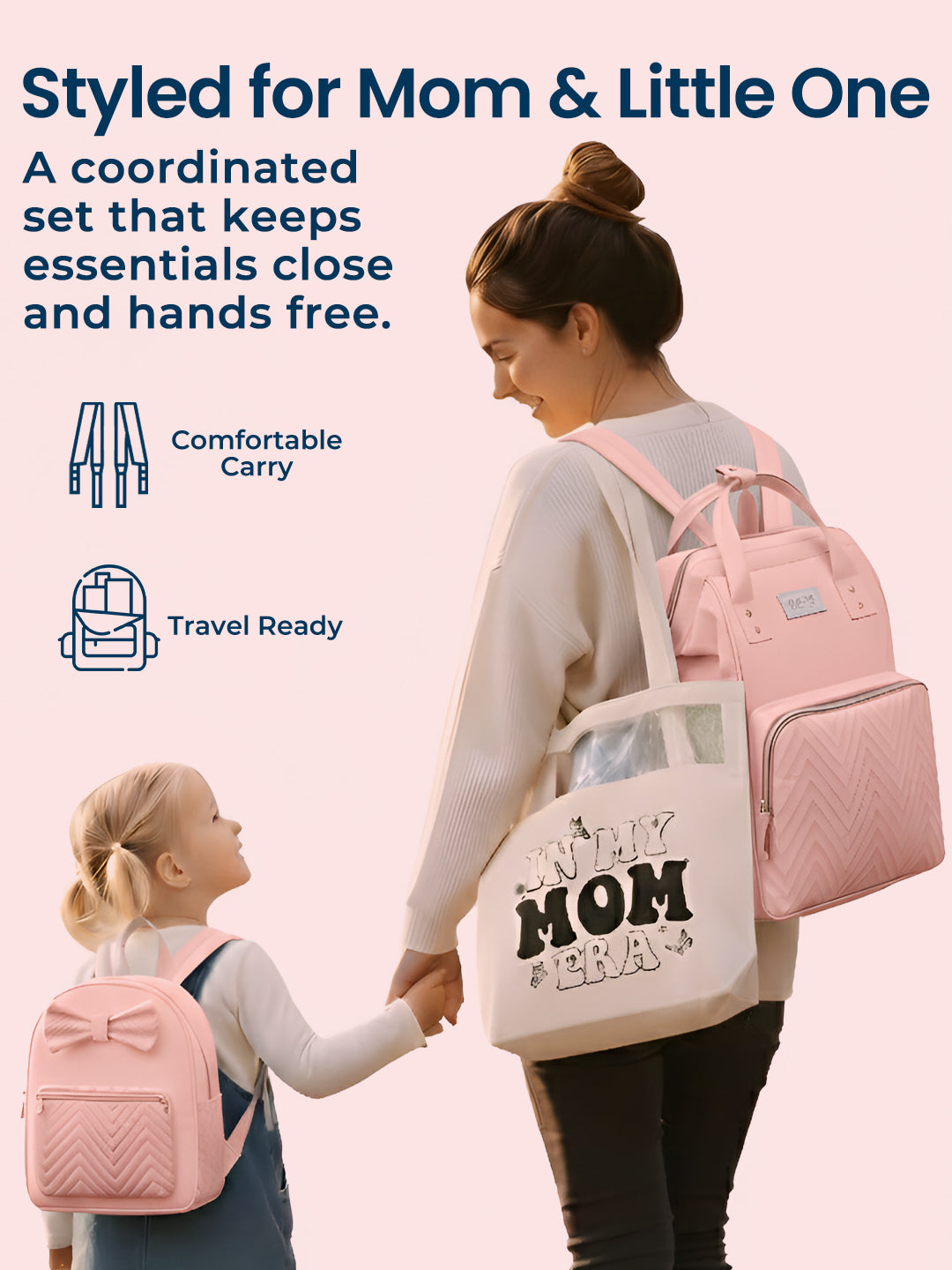 Woman and child with matching pink backpacks and tote bag on a light pink background