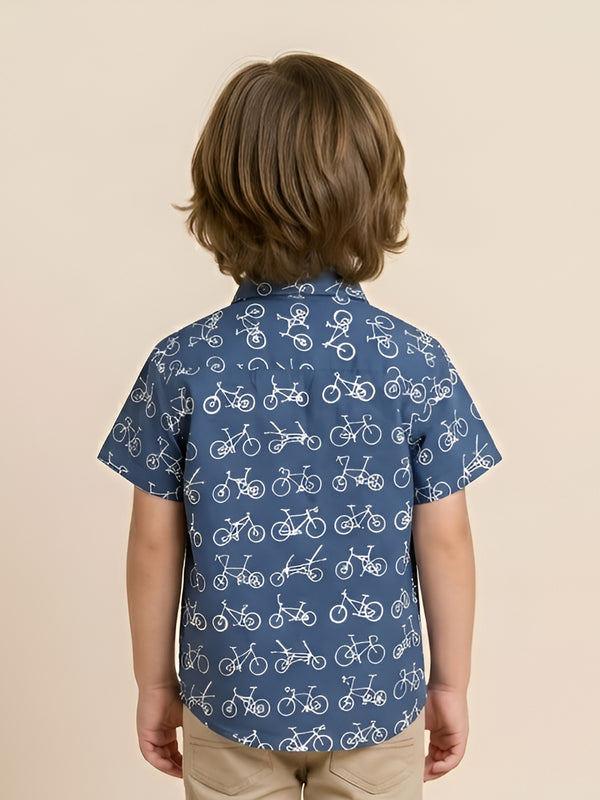Polka Tots Half Sleeve Shirt Cycle Print - Blue