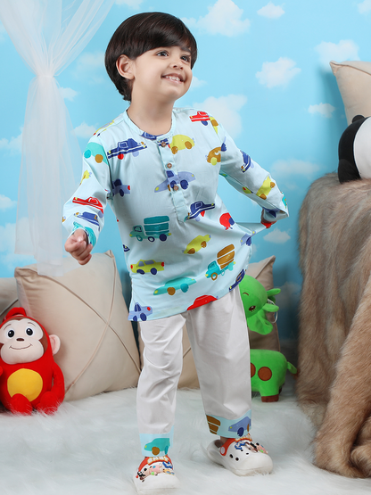 Polka Tots Vehicles print Full sleeves Nightwear Kurta pyjama set - Blue