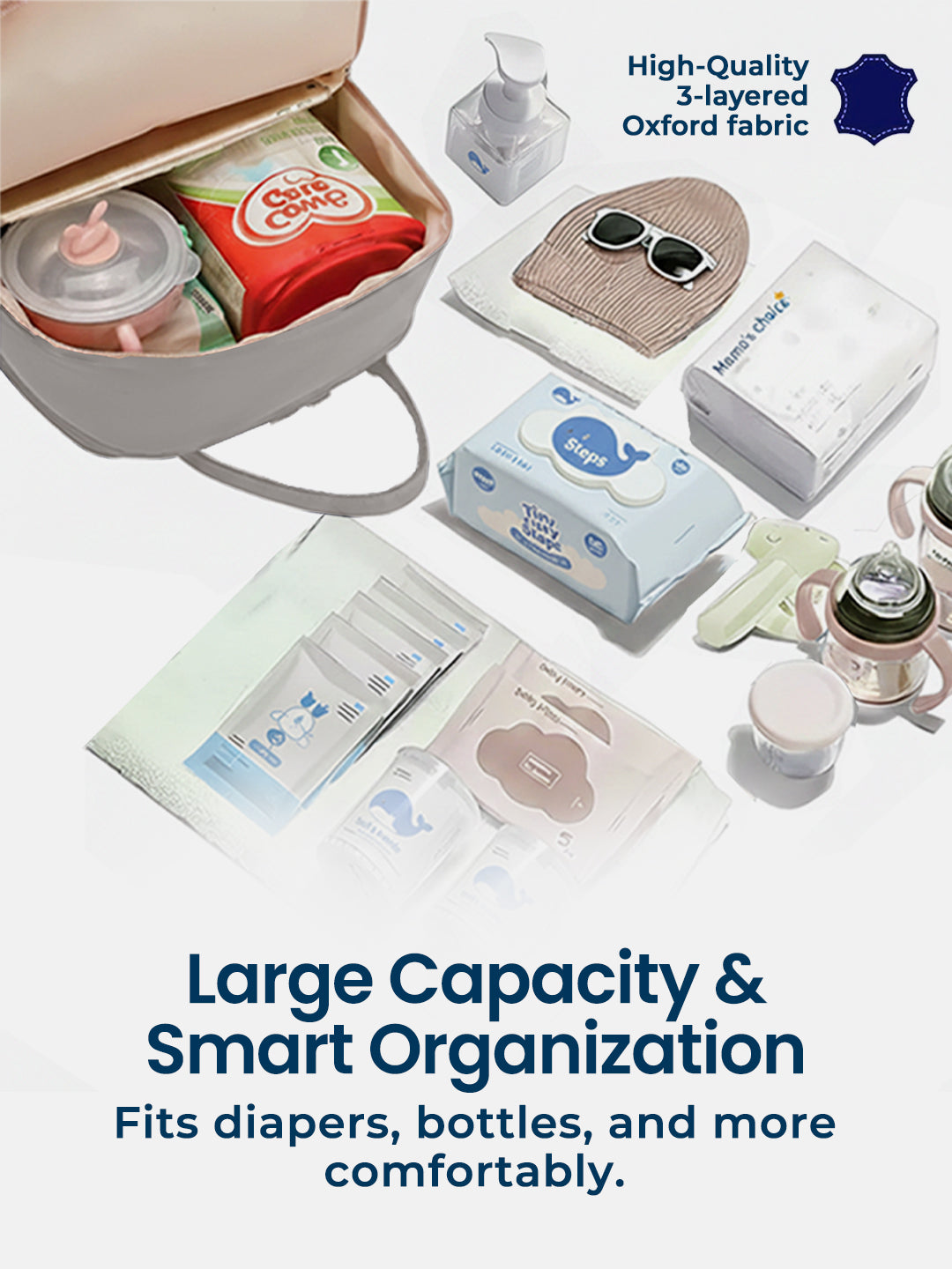Baby essentials including diapers, bottles, and wipes in a large capacity bag with text highlighting features.
