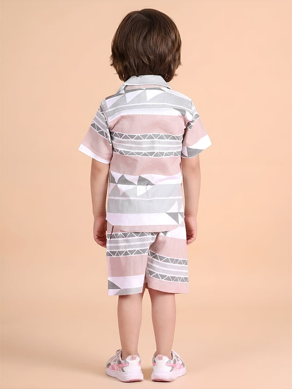 Polka Tots Half Sleeves Geometrc print Co-ord Shorts - Brown