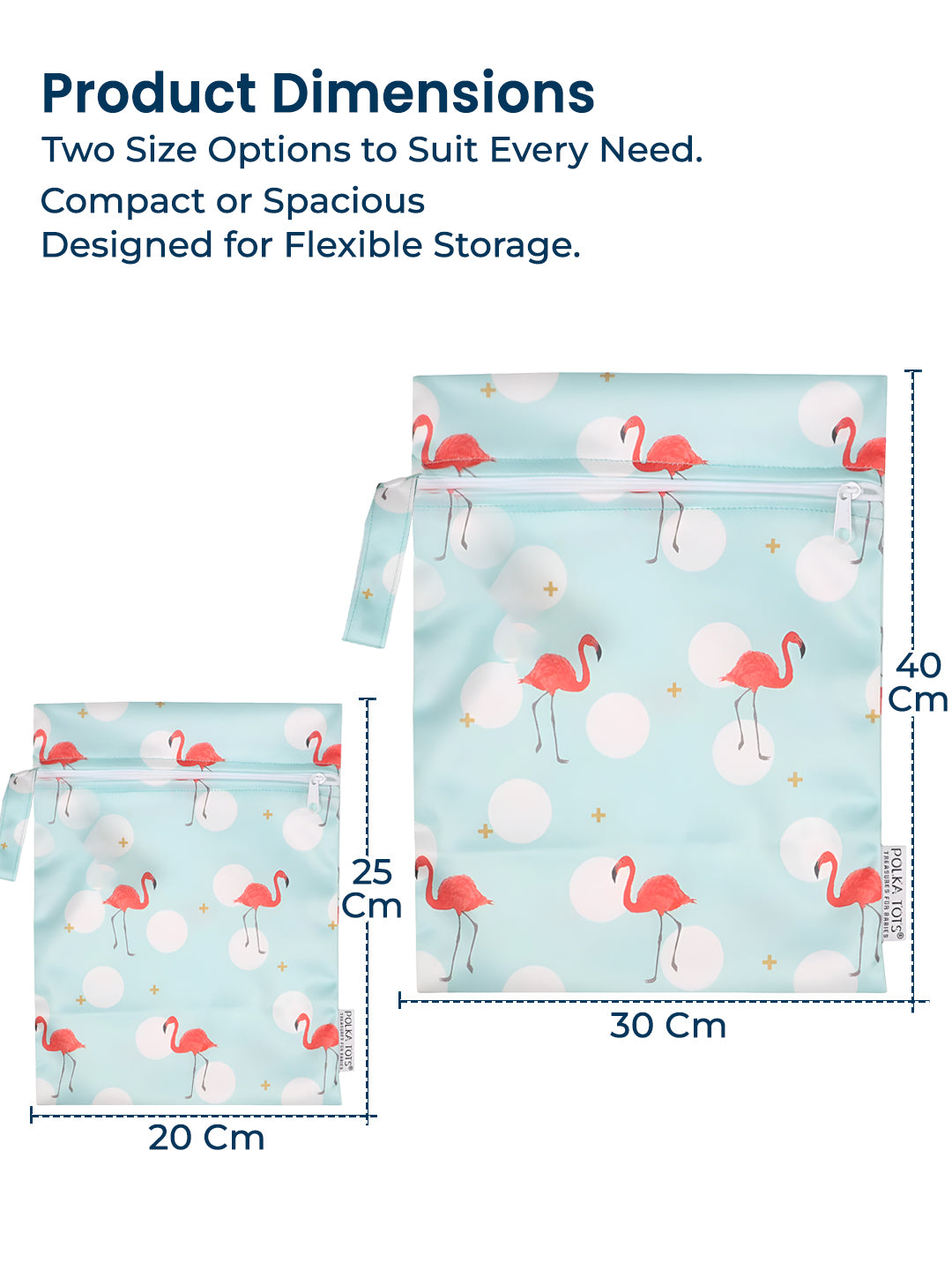 Flamingo-patterned bags with dimensions on a white background
