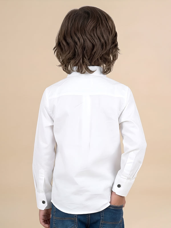 Polka Tots Full Sleeves Solid Shirt With Bow Tie - White