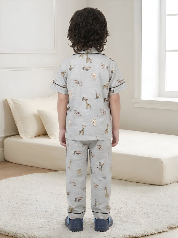 Polka Tots Half sleeves Jungle print Night Suit - Grey