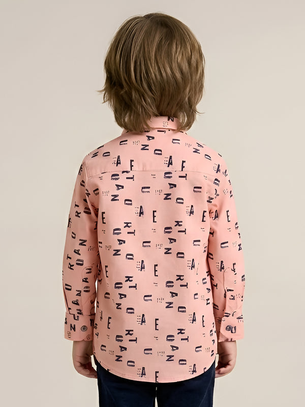 Polka Tots Full Sleeve Lycra Shirt Alphabet Print with Bow Tie Peach