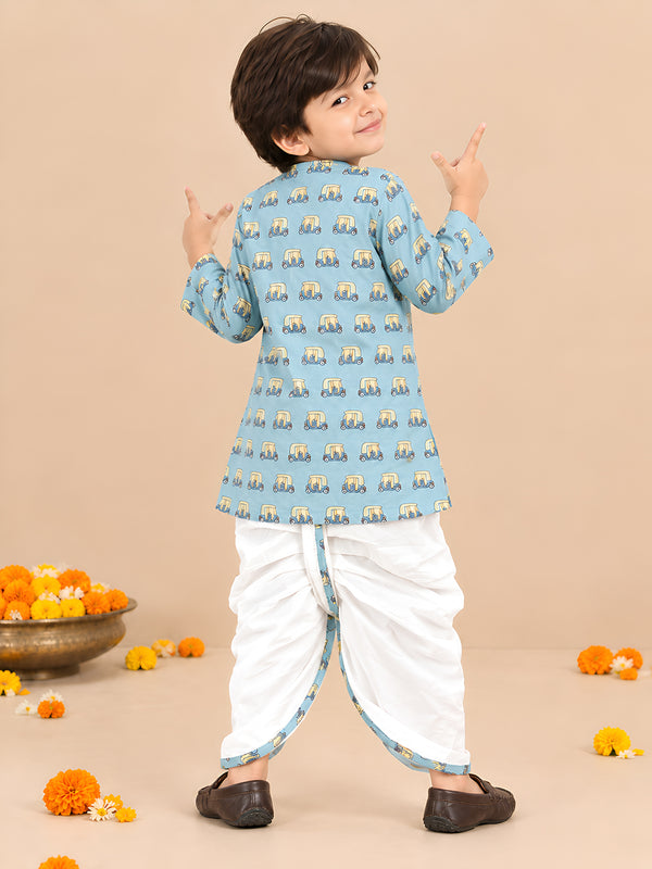 Polka Tots Cotton Full Sleeve Auto Rickshaw Angrakha Top With Dhoti - Blue