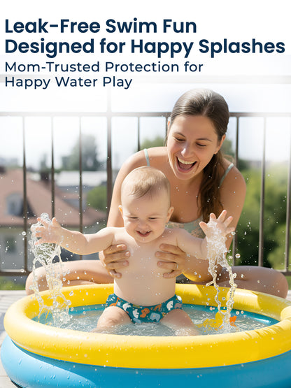 Woman and child playing in a inflatable pool with text about leak-free swim fun and happy water play.