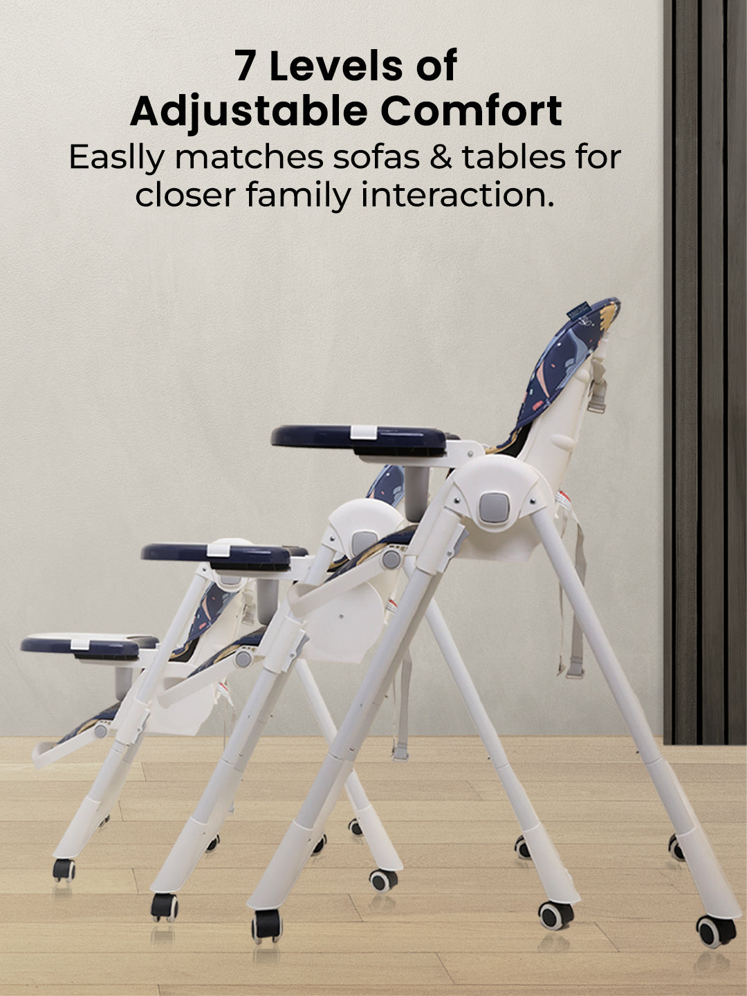 Adjustable chair with multiple positions on a wooden floor, text about adjustable comfort levels.