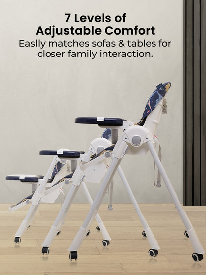 Adjustable chair with multiple positions on a wooden floor, text about adjustable comfort levels.