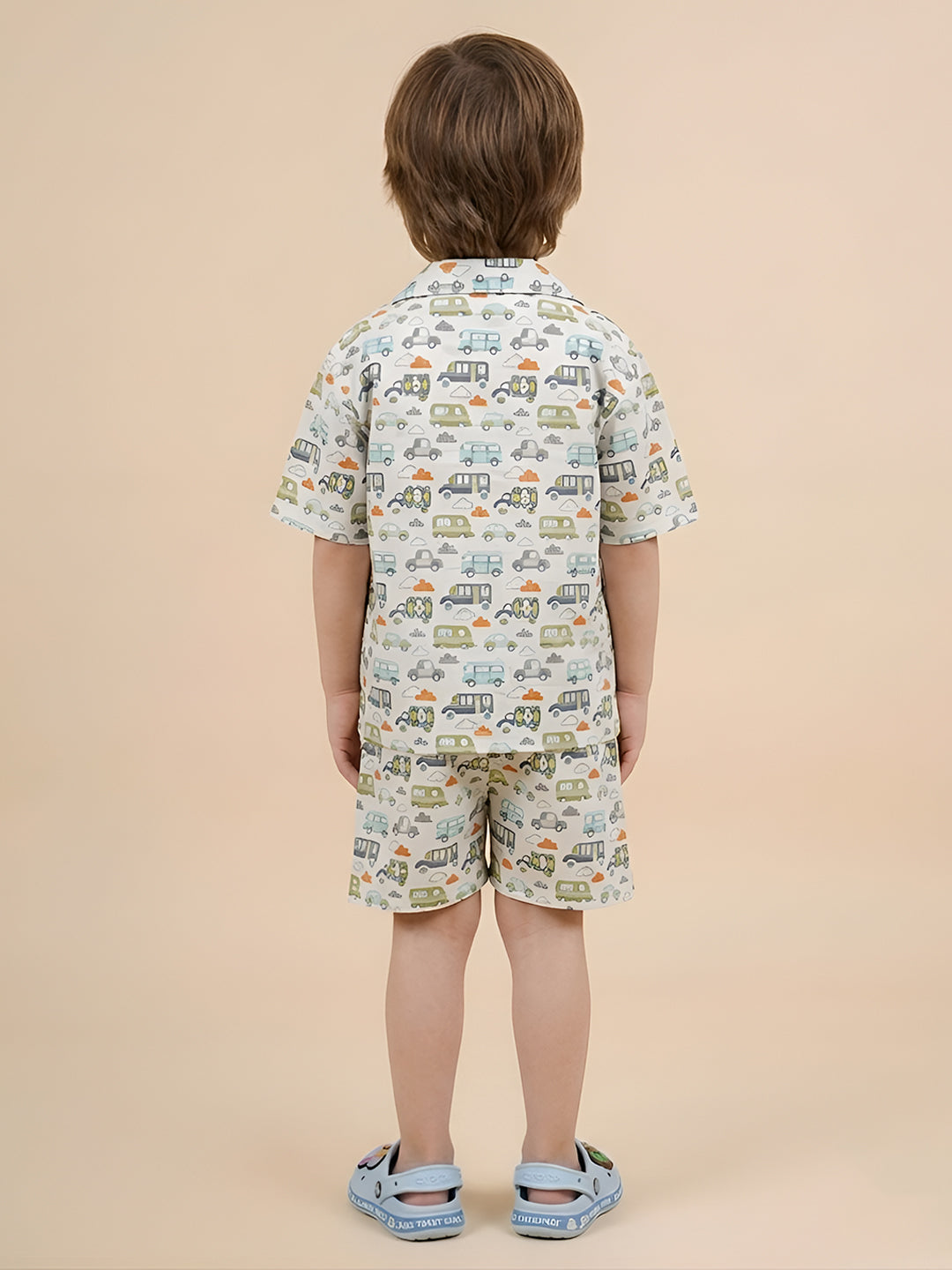 Polka Tots Half Sleeves Vehicle print Co-ord set - White