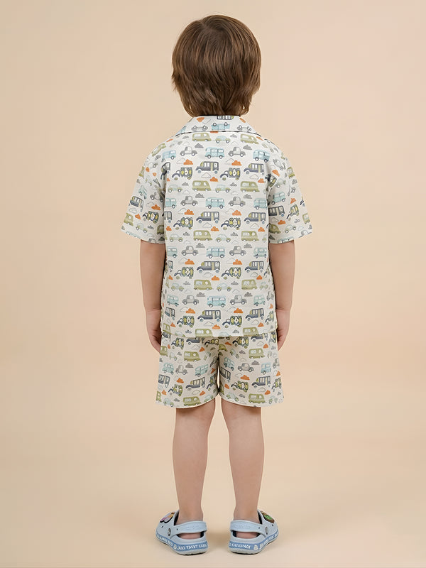 Polka Tots Half Sleeves Vehicle print Co-ord set - White