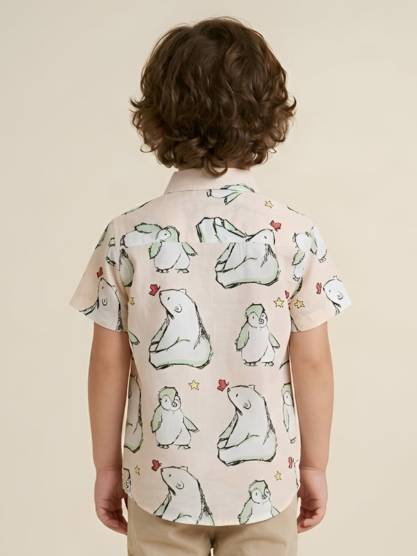 Polka Tots Half Sleeve Shirt Polar Bear and Penguin Print - Peach
