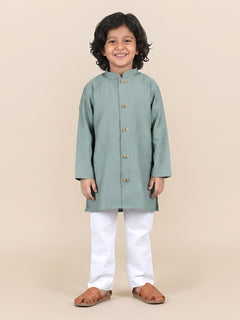 Polka Tots Full Sleeve Boys Geometric Buta Weave Ethnic Kurta Pyjama Set with Wooden Buttons - Green