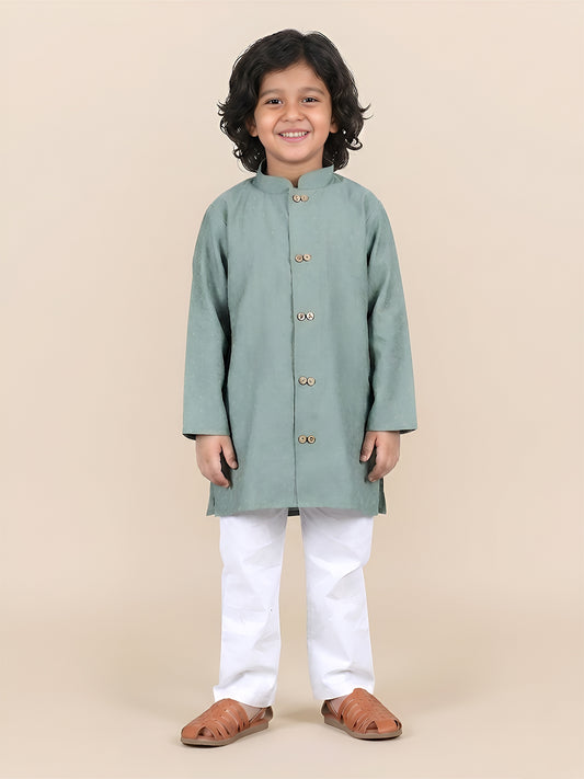 Polka Tots Full Sleeve Boys Geometric Buta Weave Ethnic Kurta Pyjama Set with Wooden Buttons - Green