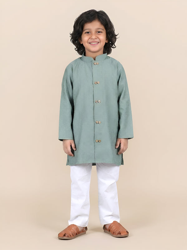 Polka Tots Full Sleeve Boys Geometric Buta Weave Ethnic Kurta Pyjama Set with Wooden Buttons - Green