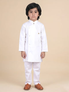 Polka Tots Full Sleeve Solid Ethnic Kurta Pyjama Set - White