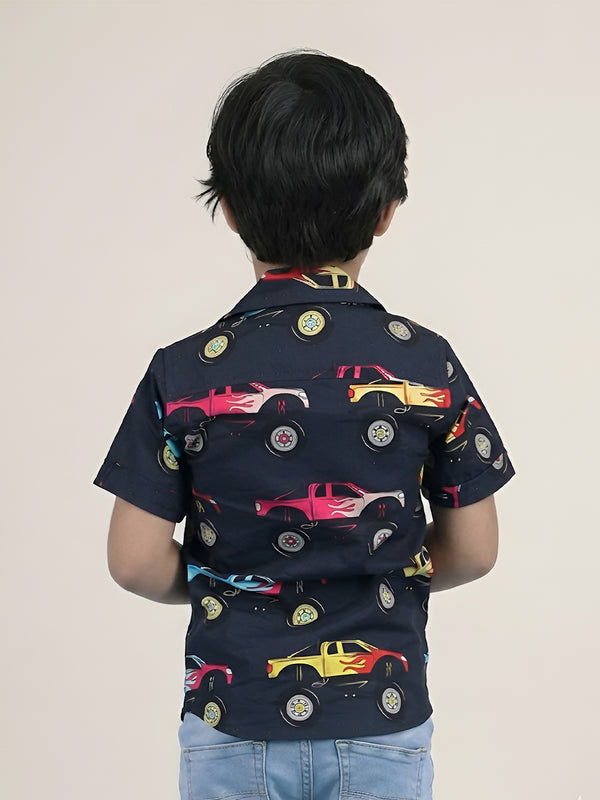 Polka Tots Half Sleeves Jeep print Shirt - Black