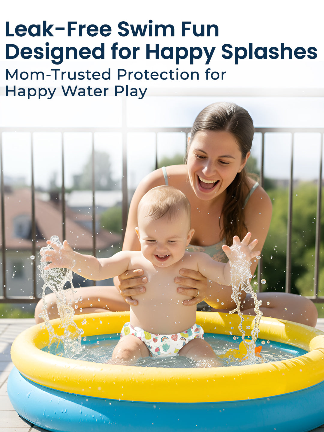 Woman and baby playing in a inflatable pool with text about leak-free swim fun and happy water play.